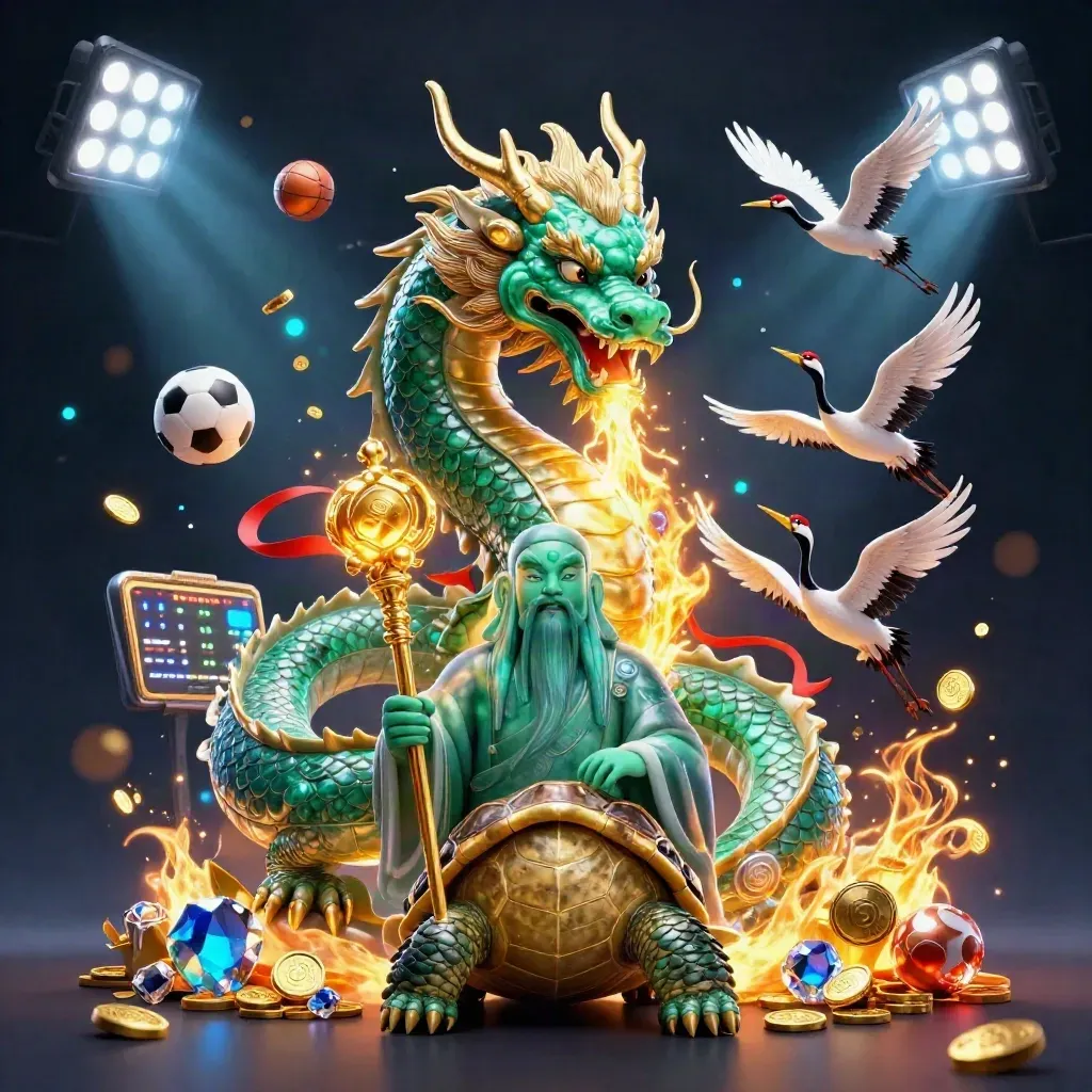 Jade dragon, turtle sage, and cranes amid sports balls, trophy, coins, and cyan glow.