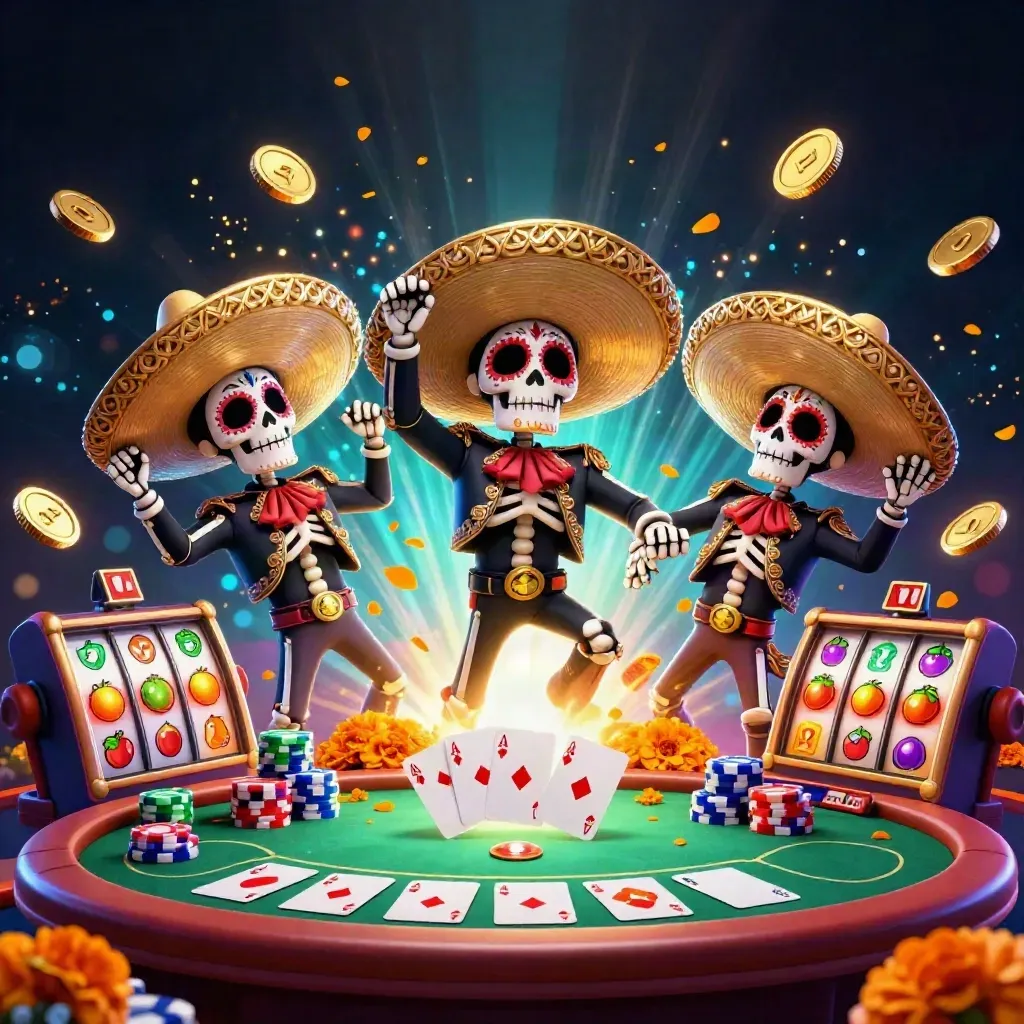 Three skeleton mariachi band members amid coin bursts, poker chips, slot reels, and icy casino glow