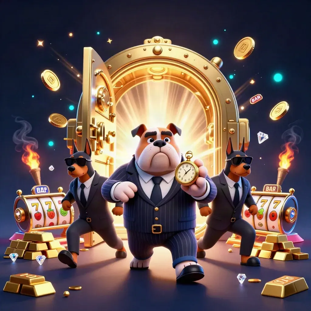 Bulldog mob boss and Doberman guards burst from a glowing vault with coins, gems, and slot symbols.