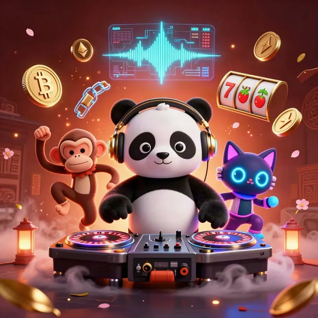 DJ panda, monkey, and glow-stick kitten amid roulette wheels, coins, and icy casino lights.