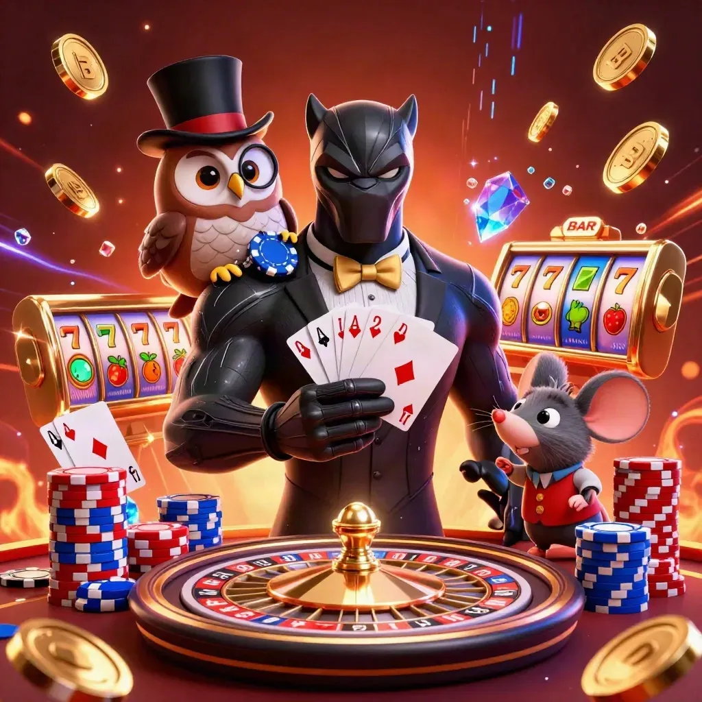 Tuxedo panther, owl and mouse explode through chips, cards and neon casino sparks.