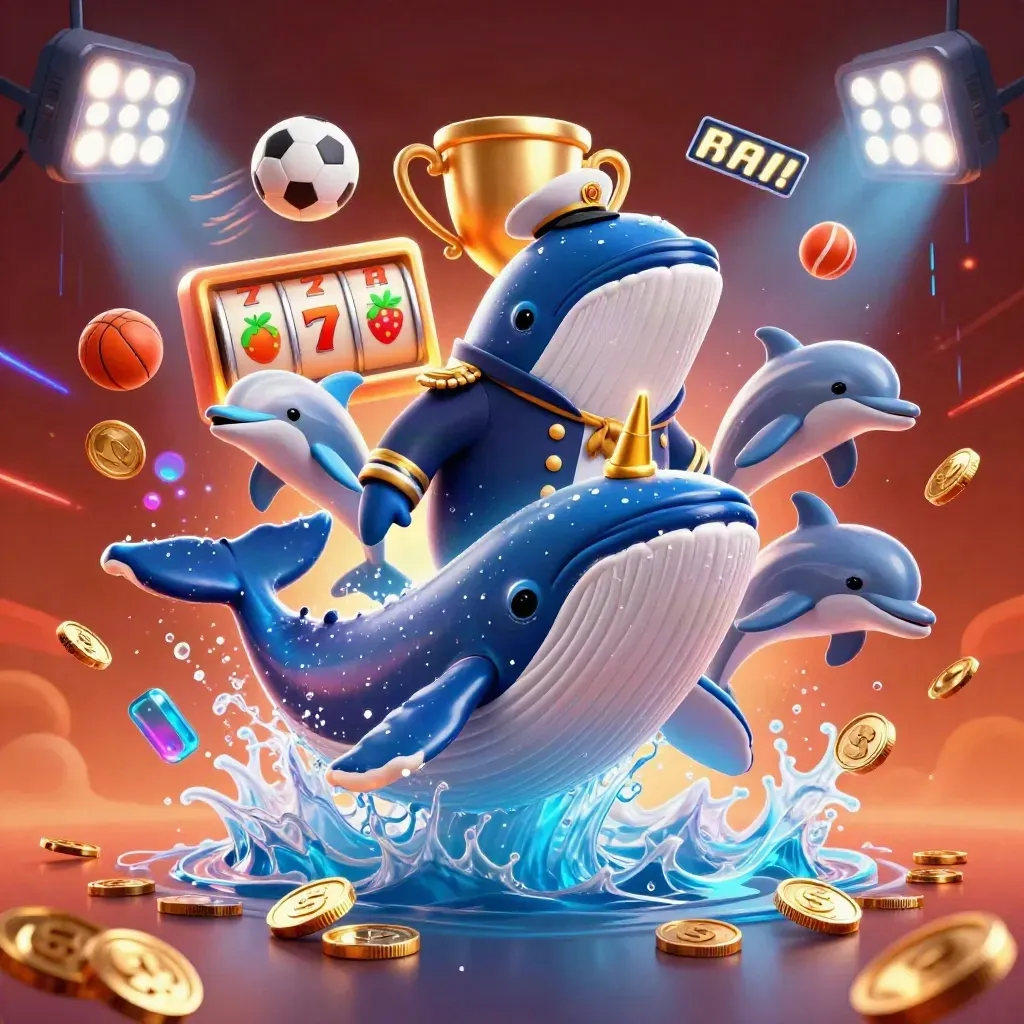 Whale captain, narwhal and dolphins amid coins, sports balls, trophies and slot symbols