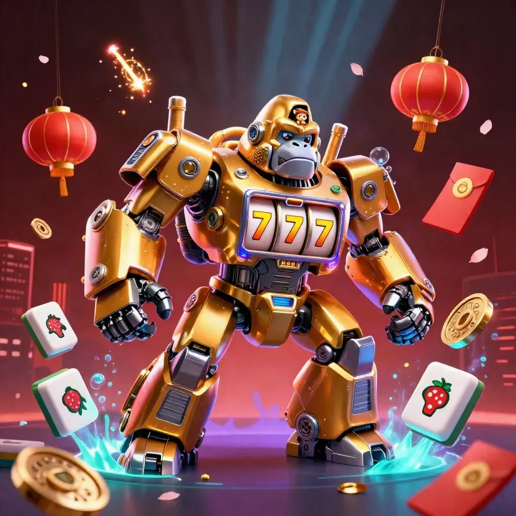 Golden gorilla mech with monkey pilot amid neon slot symbols, lanterns, coins, and icy glow.
