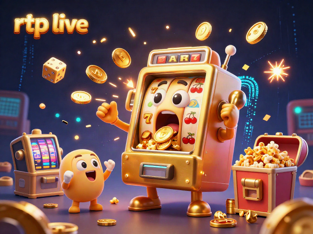 Experience rtp live in a vibrant casino scene as a golden slot machine hits a jackpot, with cheering baby machines and confetti.