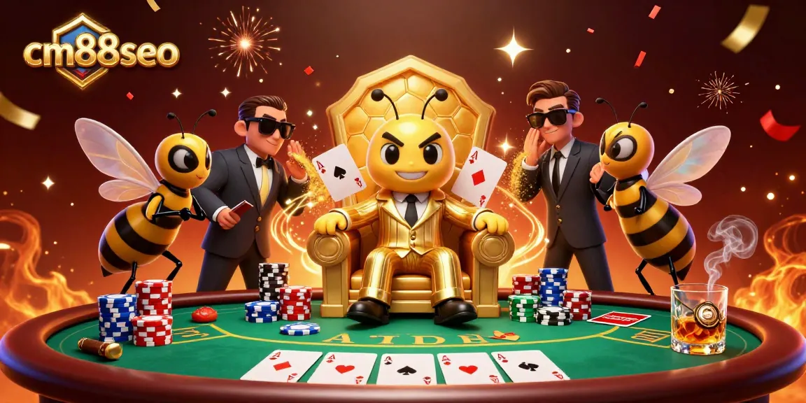 Win big with cm88seo at the poker table surrounded by vibrant gaming elements and lively characters.