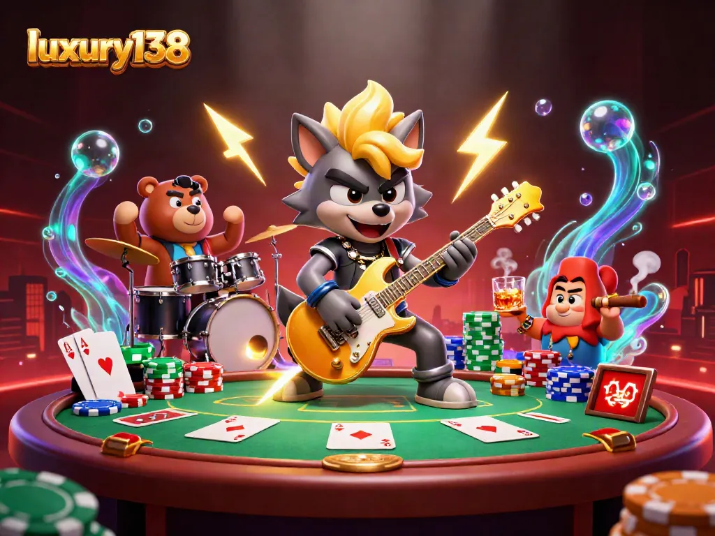 Experience the thrilling action of luxury138 as a rock star wolf wows the crowd in a vibrant casino atmosphere.