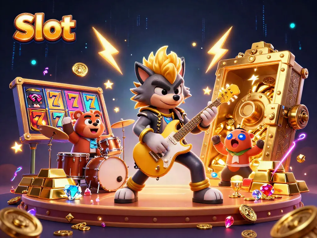 Gambarkan suasana bermain Slot dengan karakter musik yang energik di panggung kasino.