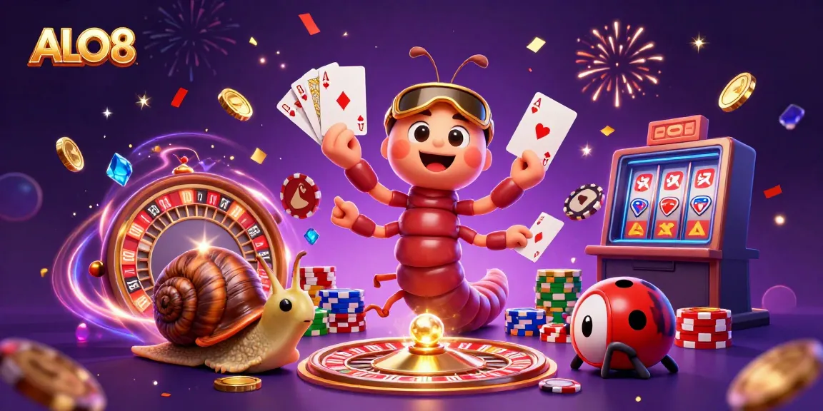 Engage in thrilling casino action at ALO8 with a lively illustration of a dynamic millipede dealer, snail high-roller, and exciting gaming elements.