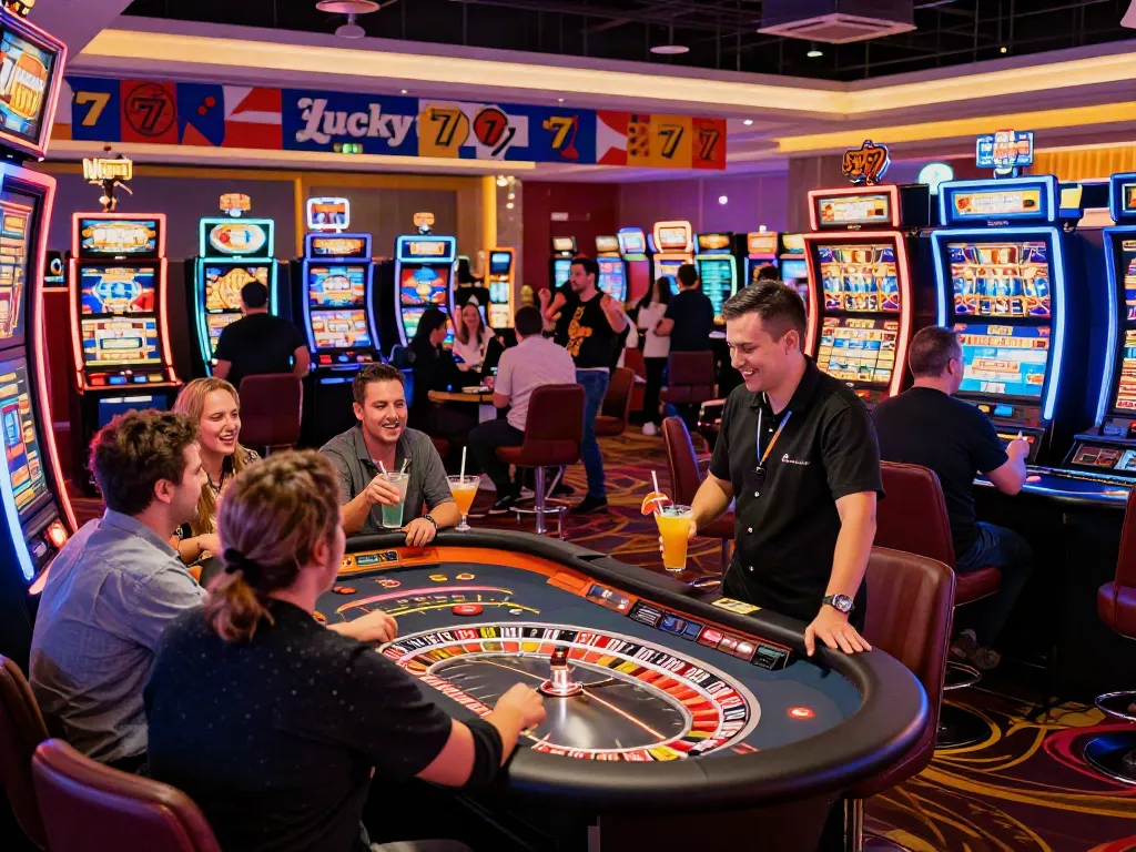 Engaging casino scene showcasing the excitement of Lucky777 gaming experience at vibrant slot machines.
