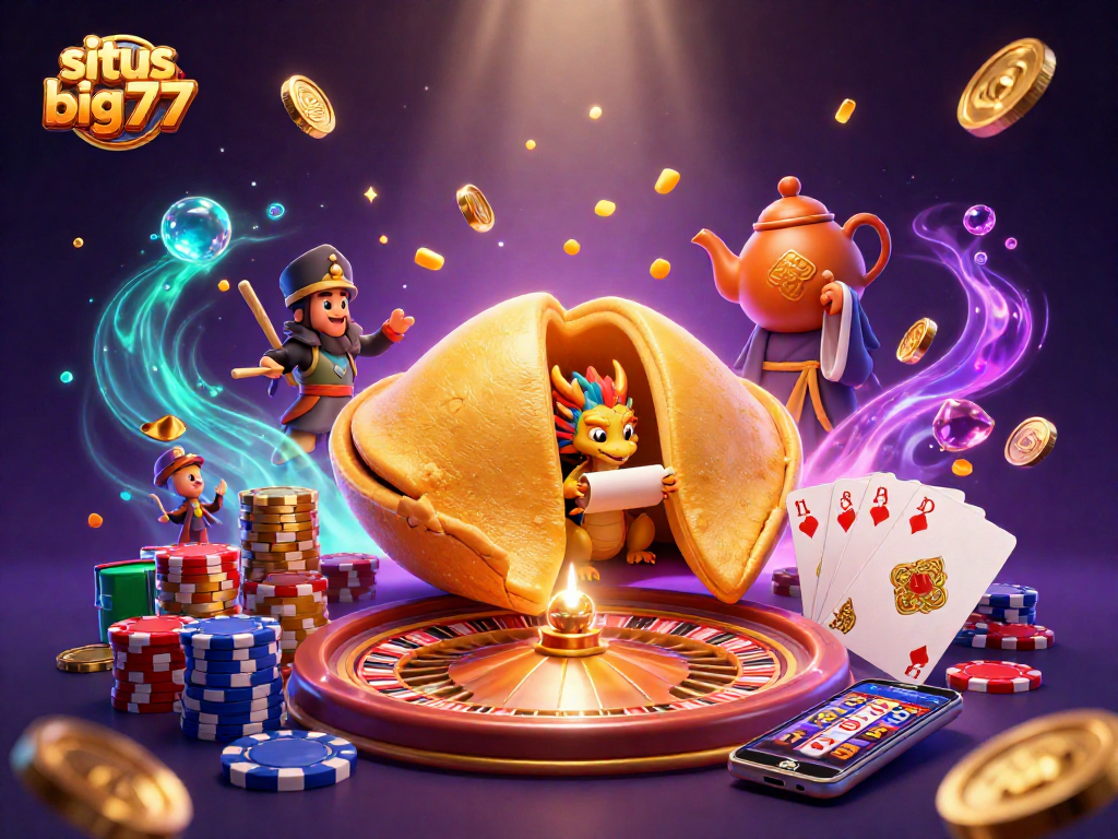 Experience the thrill of situs big777 with a vibrant casino-themed 3D illustration depicting fortune and excitement.
