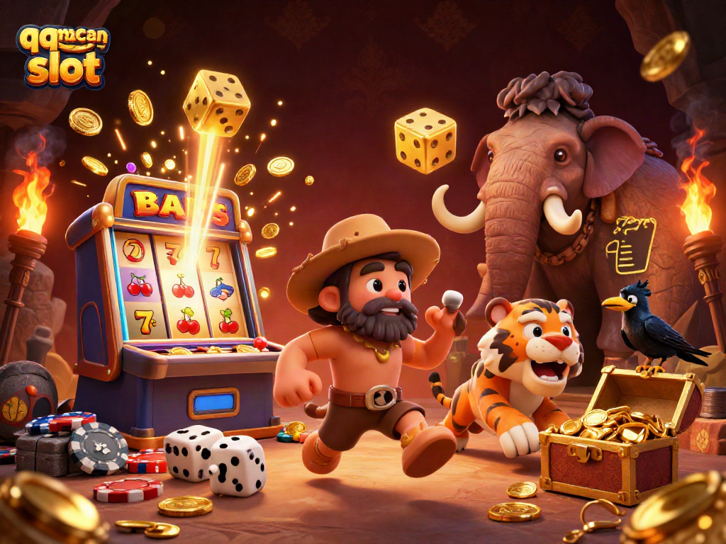 Mainkan qqmacan slot dengan tumpukan chip dan seluruh perayaan jackpot di kasino prasejarah.
