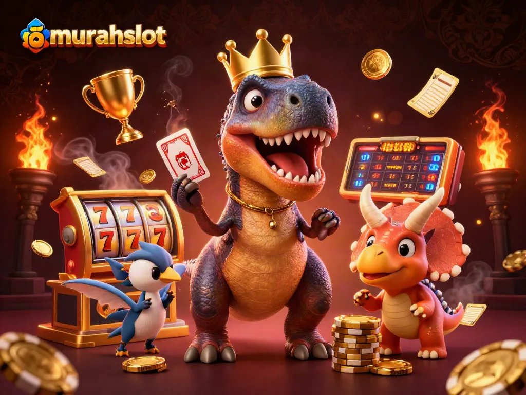Visualisasi slot dan jackpot menarik di murahslot, dengan karakter dinosaurus yang beraksi dan chip emas mengelilingi mereka.