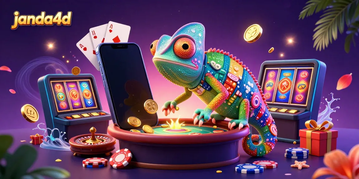 Slot online menarik dengan janda4d, chameleon dan smartphone yang memancarkan koin emas.