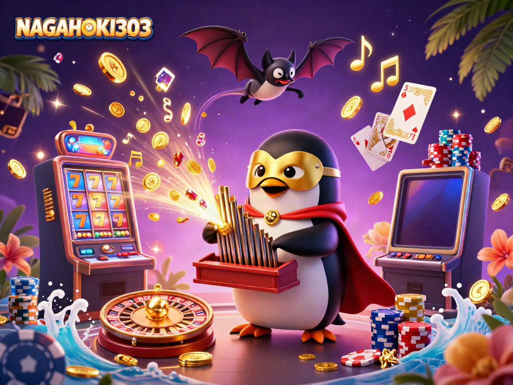 Visualisasi menarik NAGAHOKI303 dengan penguin opera dan roda roulette di latar belakang.