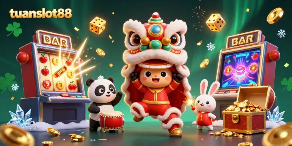 Menangkan jackpot pada permainan tuanslot88 dengan ilustrasi keceriaan karakter festival Tiongkok, mesin slot, dan koin berkilau.