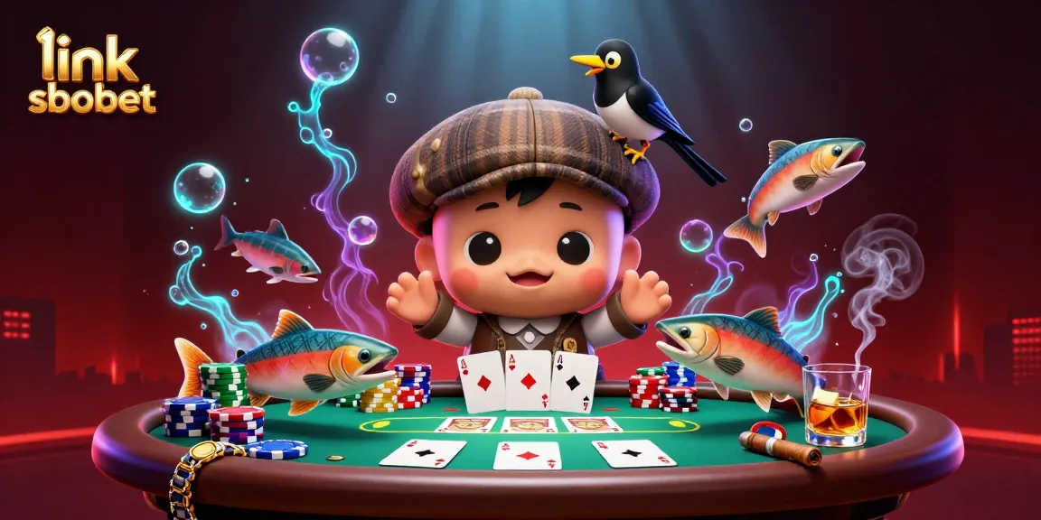 Engage in thrilling moments with link sbobet in a packed casino scene featuring playful characters and dynamic poker elements.