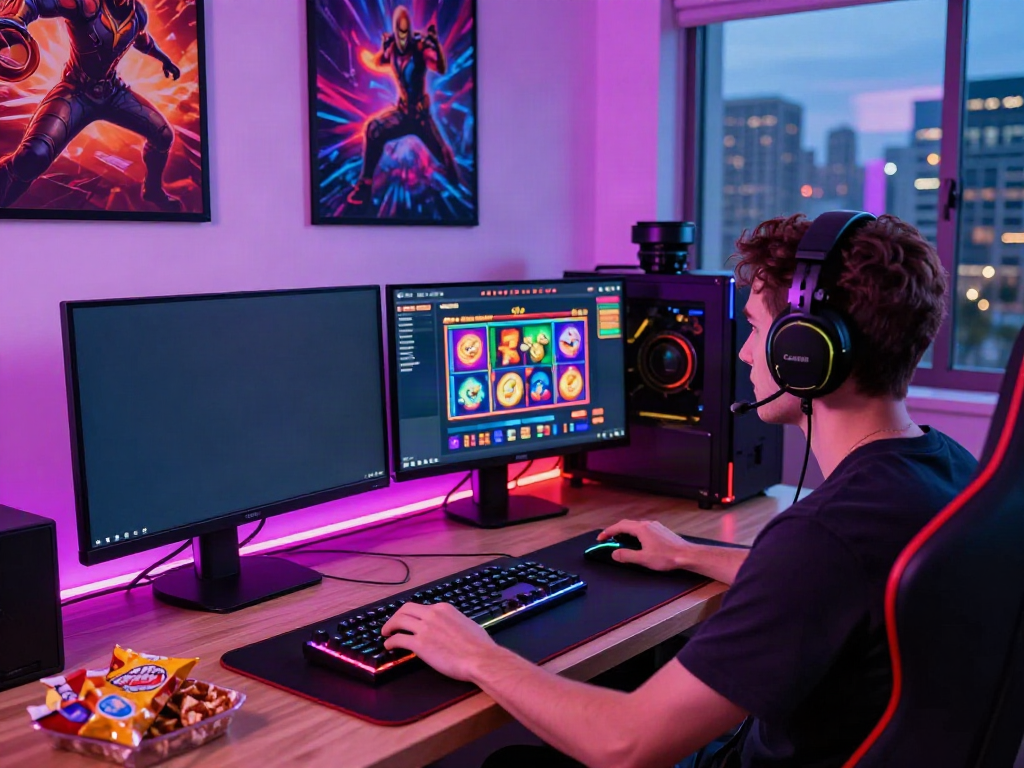 Engaging gaming scene featuring akunjp online slot gaming setup with vibrant lights and action.