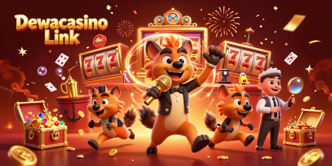 Dewacasino Link showcases a lively 3D casino scene with hyenas in action, engaging in fun gambling activities.