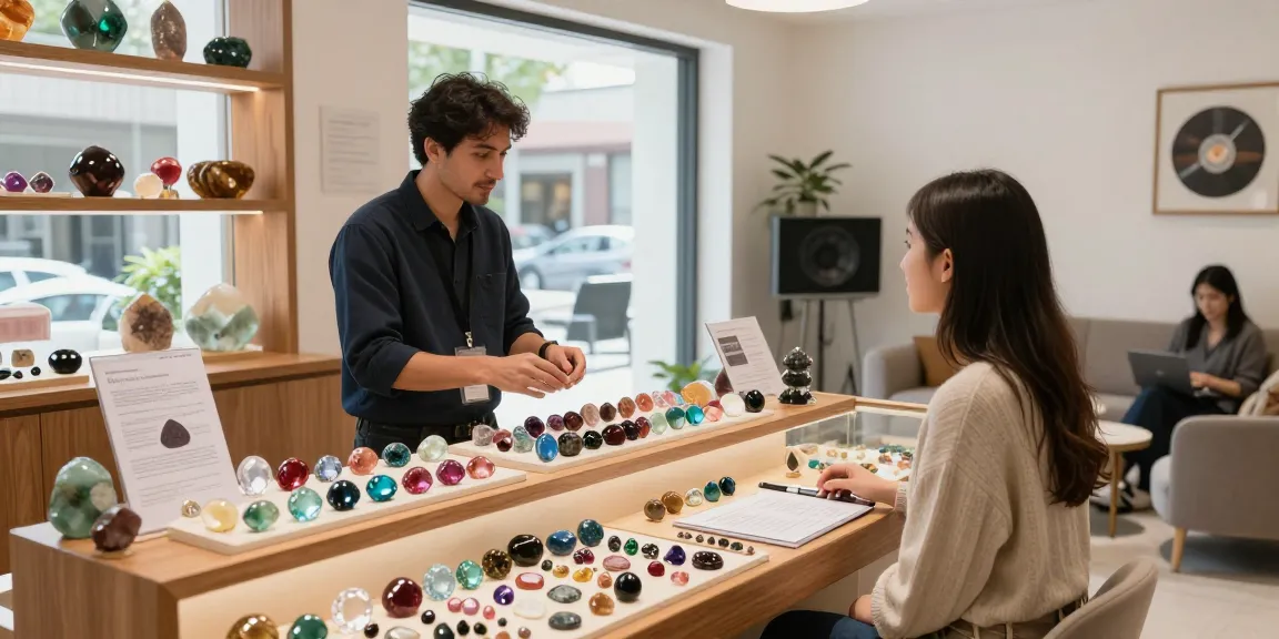 Gemstone showcase at https://www.mygemspot.com featuring colorful gems and a knowledgeable merchant.