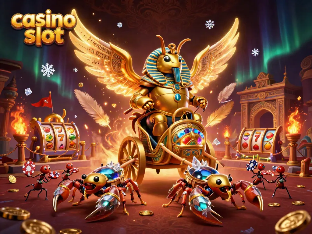 Experience the excitement of casino slot with a vibrant illustration of golden beetles, jewels, and slot reels.