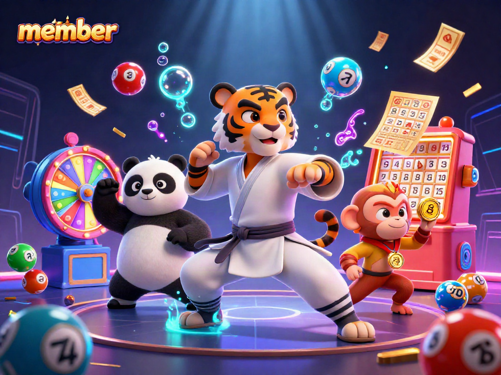 Engage with members at the dynamic casino scene featuring a kung fu tiger and playful characters.