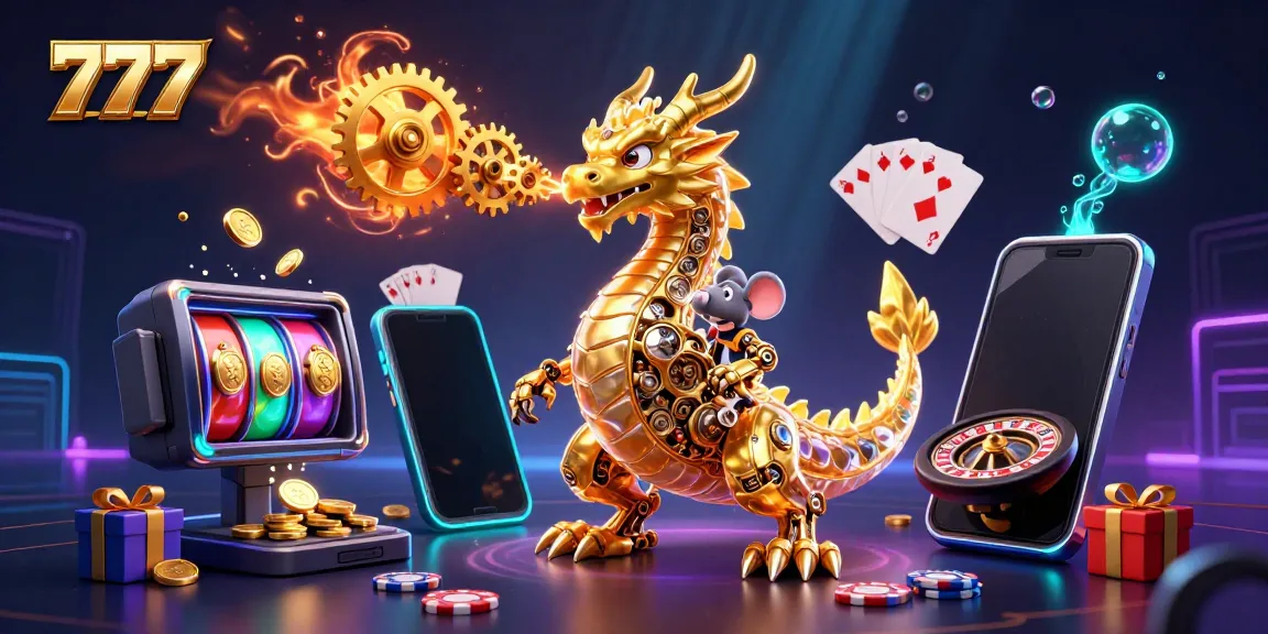 Menang besar pada permainan slot 777 dengan naga emas dan elemen kasino yang kaya.