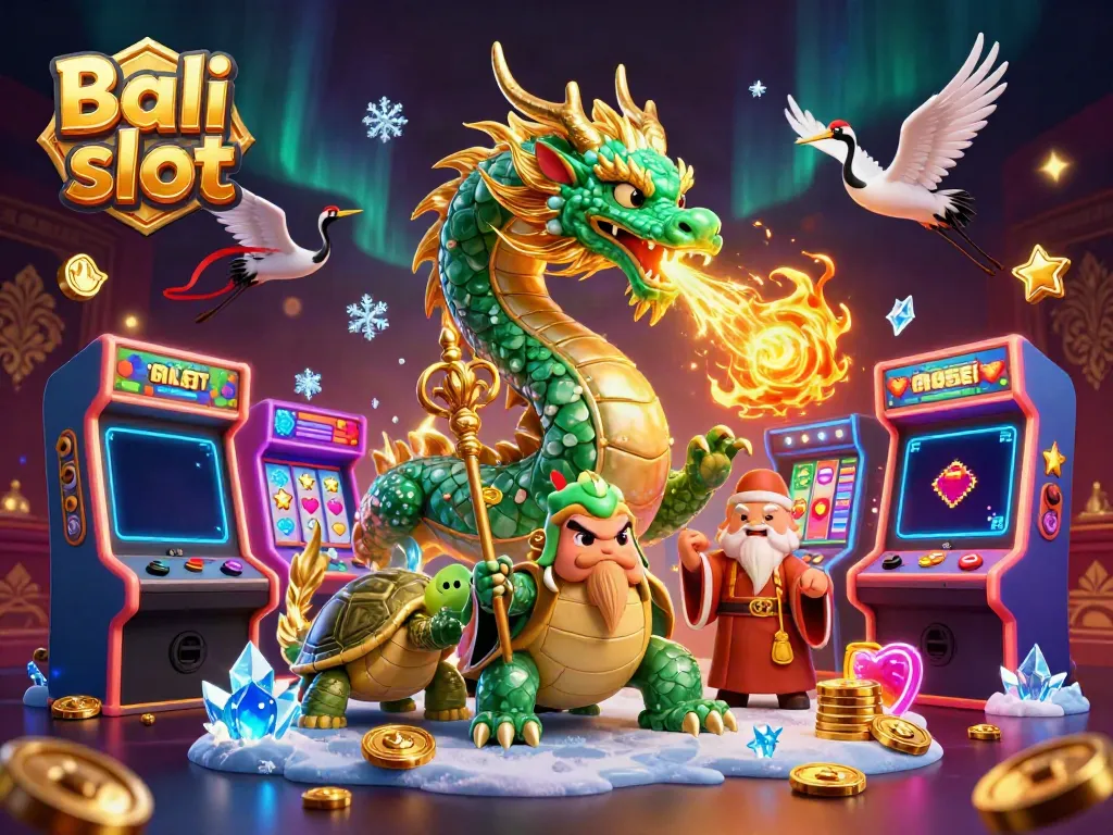 Experience Bali slot excitement with a jade dragon and lucky cranes in a vibrant casino scene.