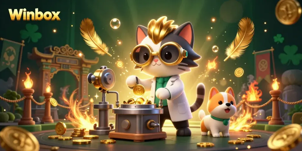 Winbox showcases a mad scientist cat and assistant dog amidst dynamic casino elements, creating an engaging atmosphere.