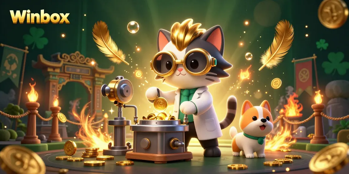 Winbox showcases a mad scientist cat and assistant dog amidst dynamic casino elements, creating an engaging atmosphere.