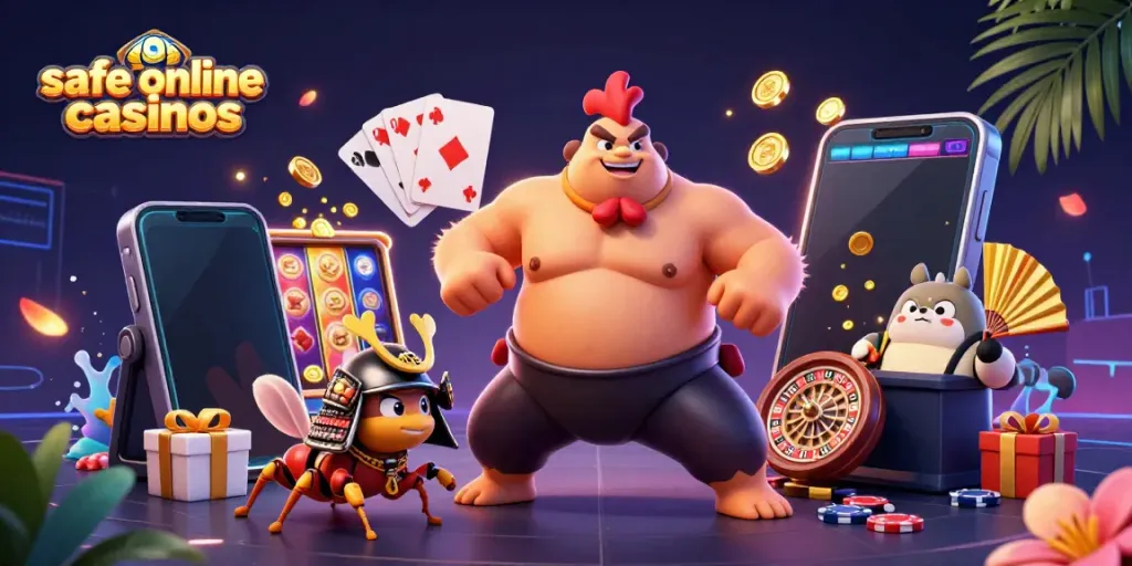 Engage with safe online casinos through an explosive 3D illustration featuring lively characters.