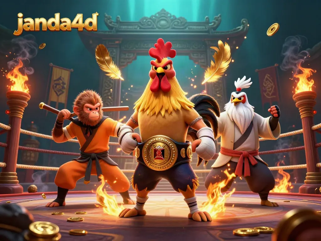 Permainan slot online janda4d dengan simbol keberuntungan dan koin emas yang bersinar.