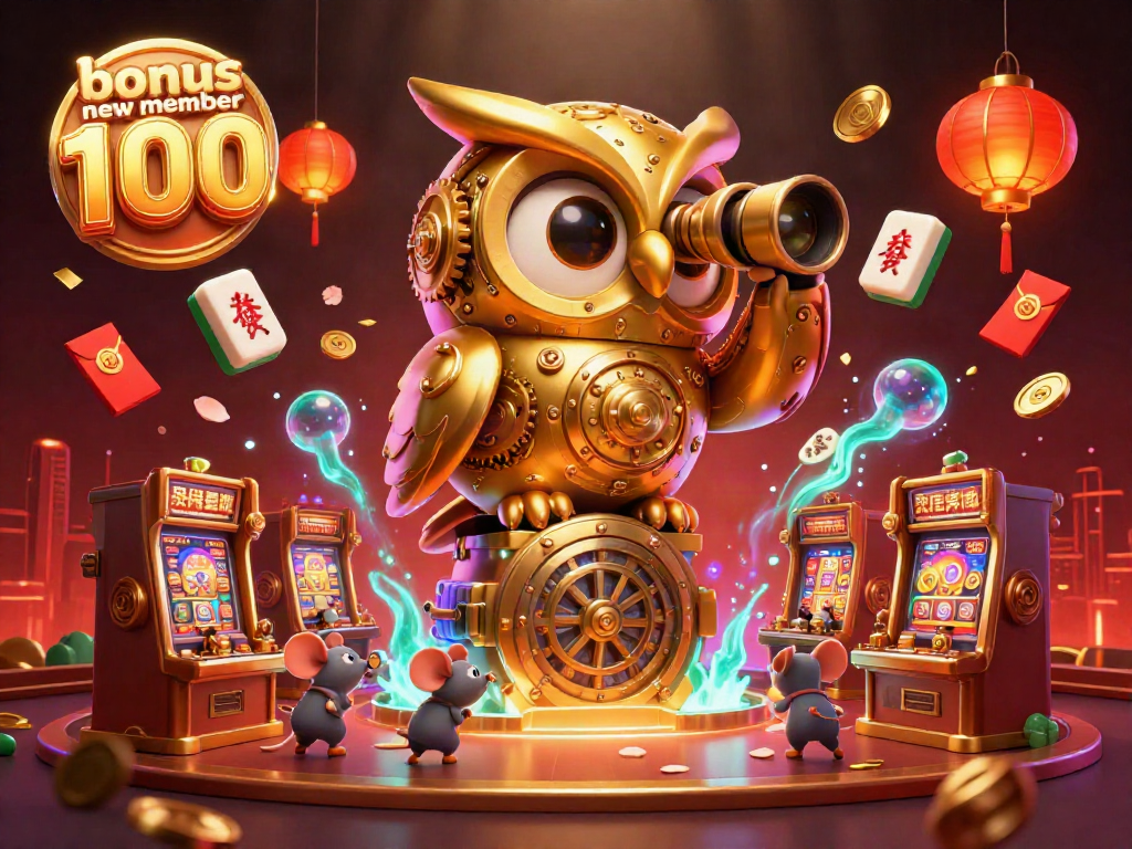 Experience the thrill of gaming with bonus new member 100 at a lively casino scene featuring whimsical characters and vibrant elements.