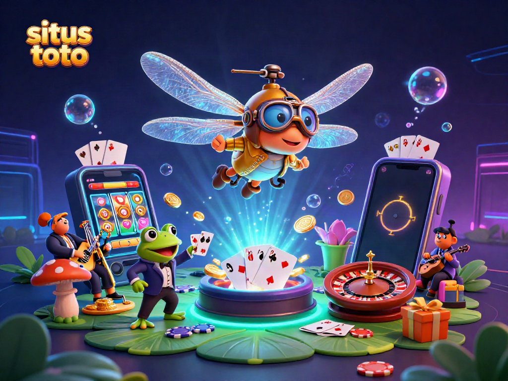Experience vibrant gaming action in situs toto with a whimsical dragonfly pilot and frog croupier.