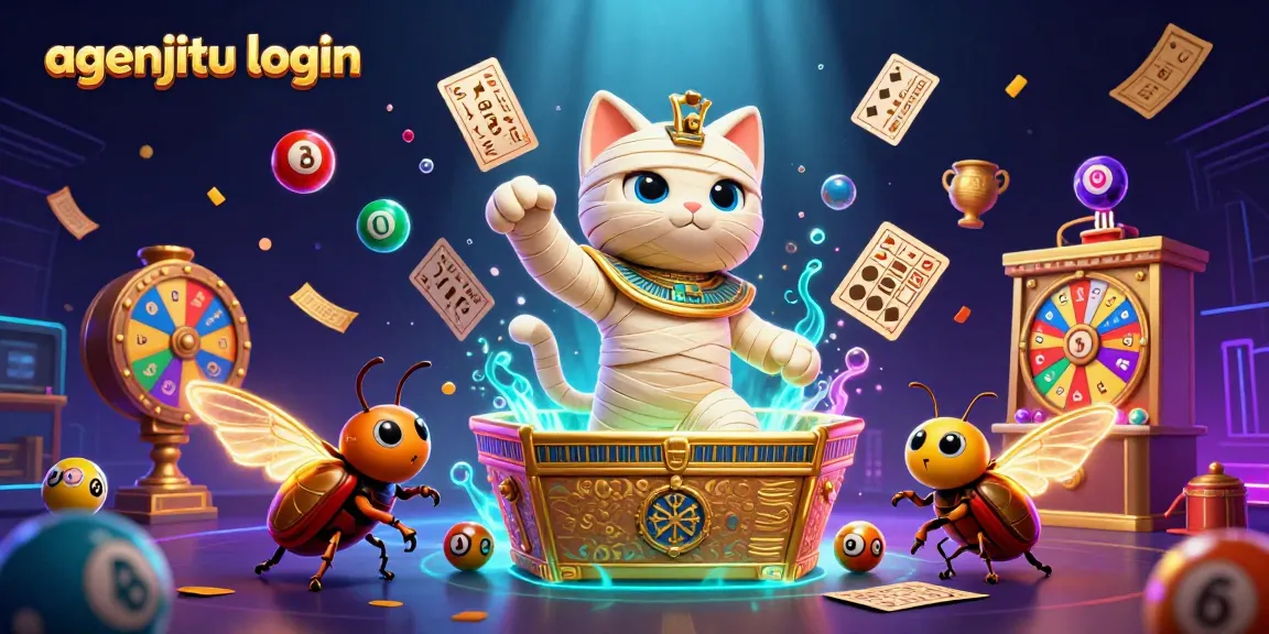 Gambar agenjitu login menunjukkan kucing mummy 3D di kasino dengan bola lotere berwarna.