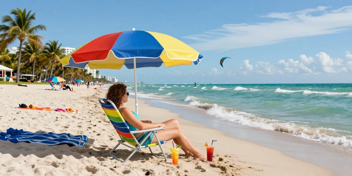 Pengunjung santai di pantai Miami dengan https://miami4d.com/ di dekat kursi pantai berwarna cerah.