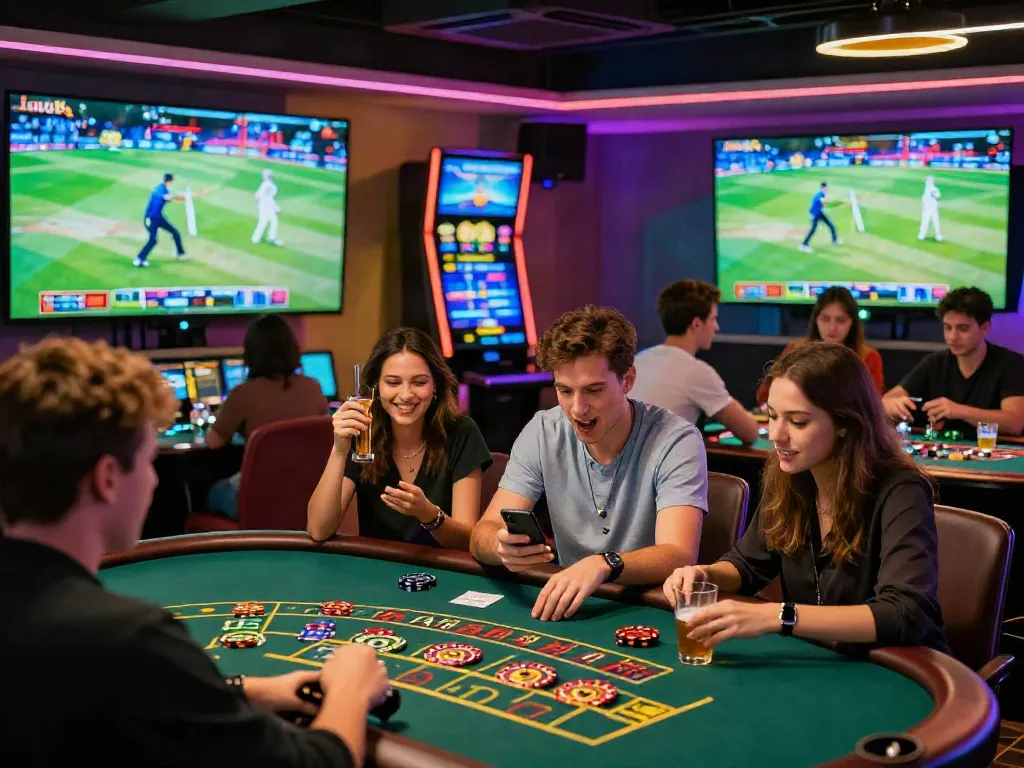 Exciting atmosphere at Lotus365 with friends betting on cricket and playing casino games