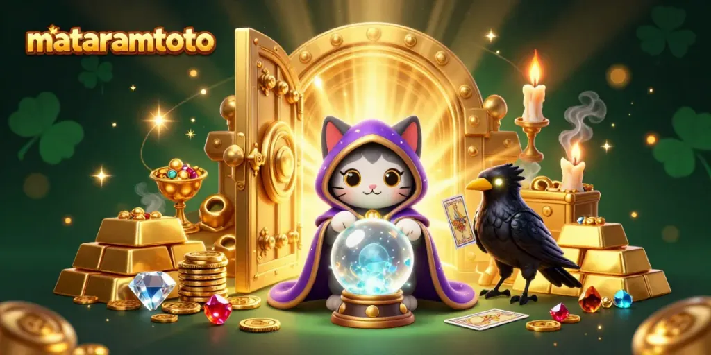 Mataramtoto offers a mystical gambling experience featuring a fortune teller cat and a tarot raven surrounded by treasures.
