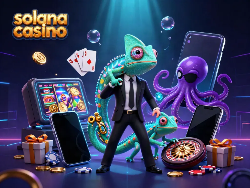 Experience the excitement of solana casino with a colorful 3D illustration showcasing dynamic characters and gaming elements.