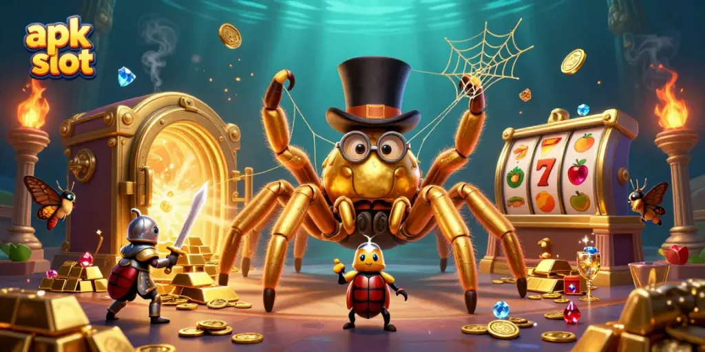 Ilustrasi 3D menarik tentang slot apk dengan laba-laba emas dan ksatria kecil di kasino.