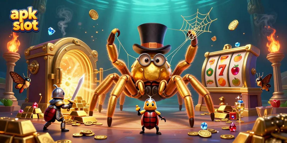 Ilustrasi 3D menarik tentang slot apk dengan laba-laba emas dan ksatria kecil di kasino.