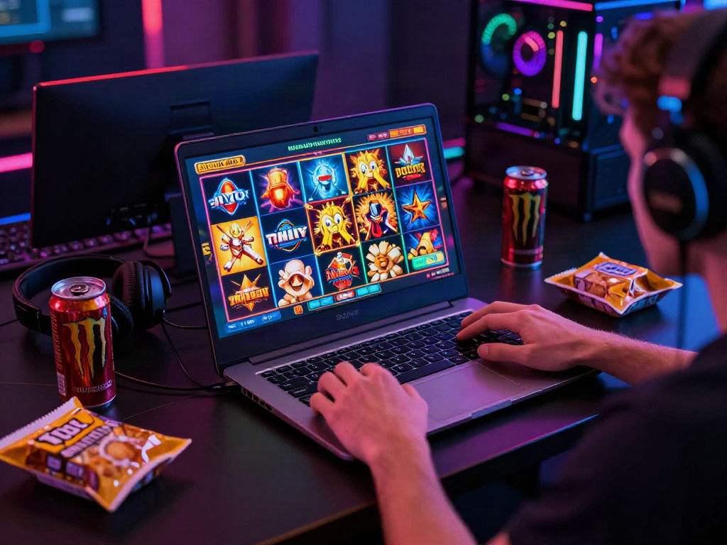 Player focused on akunjp slot game on laptop in vibrant gaming space.