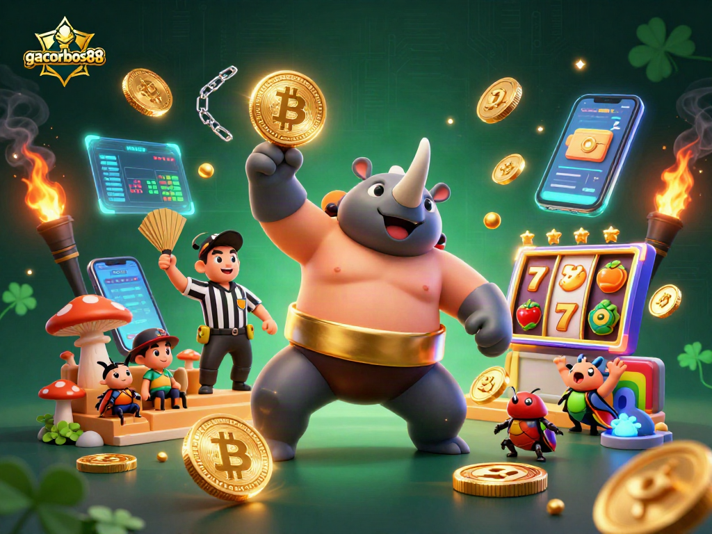 Experience the thrilling action of gacorbos88 with the sumo champion beetle, fluttering coins and crypto elements!