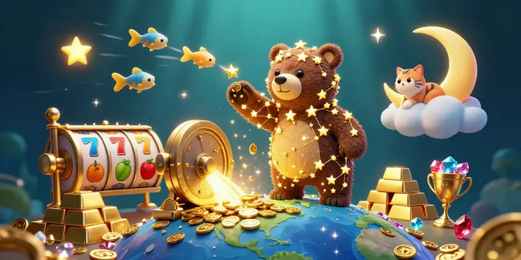 Engage with slot gacor: a vibrant 3D scene showcasing golden rewards and whimsical characters.