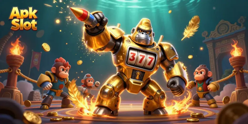 Slot Apk RP55 dengan karakter gorila mecha dan efek visual cerah, menarik perhatian pemain judi.