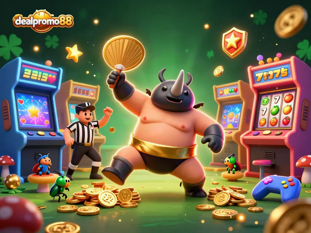 Watch the dealpromo88 mascot, a sumo beetle, stomp and send coins flying in this vibrant casino scene.
