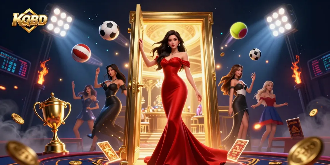 KQBD showcases an Asian woman in a luxurious casino doorway, surrounded by dynamic sports elements.