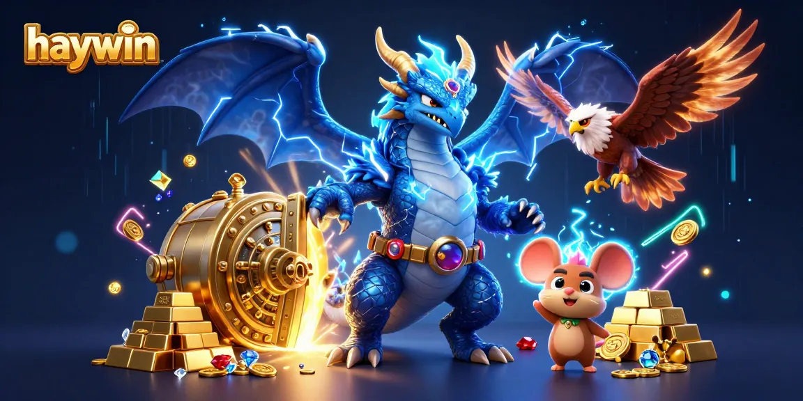 Engage with haywin's thrilling casino adventures through an electrifying 3D illustration, showcasing dragon and treasure.