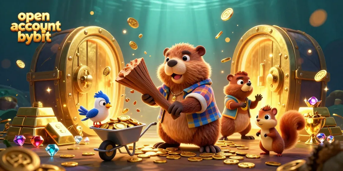 Open account bybit and enjoy a dynamic crypto trading scene with cartoon characters collecting gold.