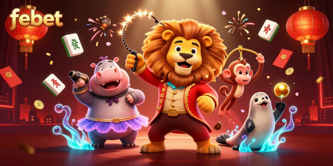 Engage in vibrant casino fun with febet's lively carnival-themed characters and festive decorations.