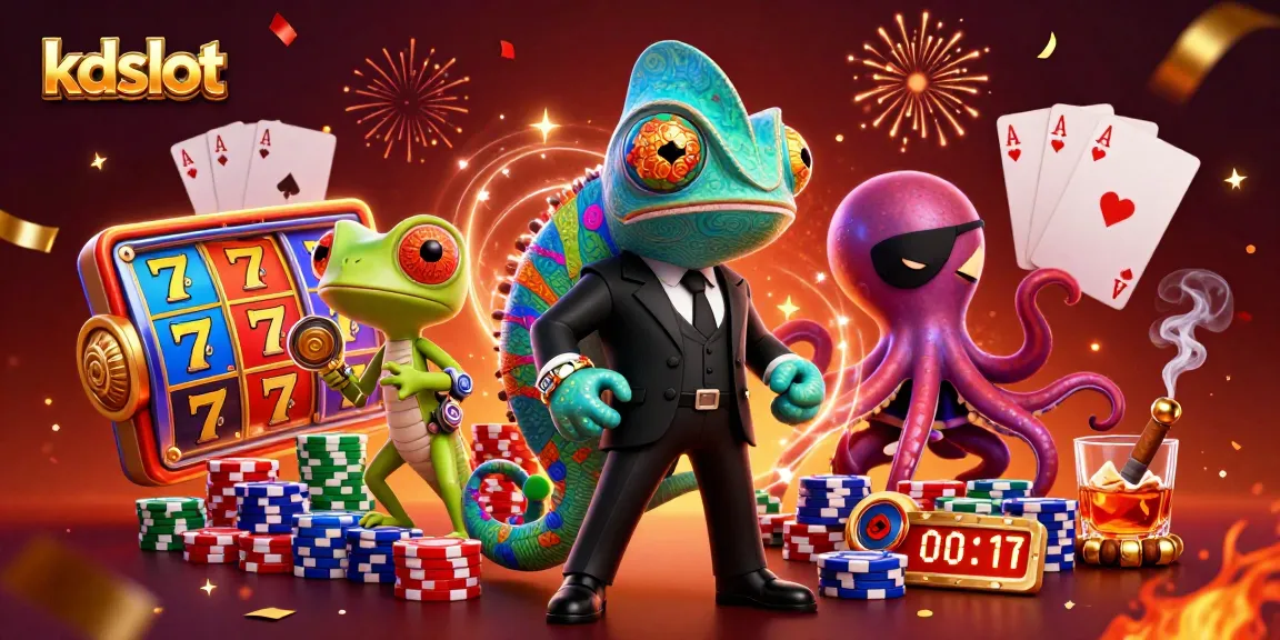 Kdslot showcases a vibrant casino scene with colorful slot elements and animated characters celebrating wins.